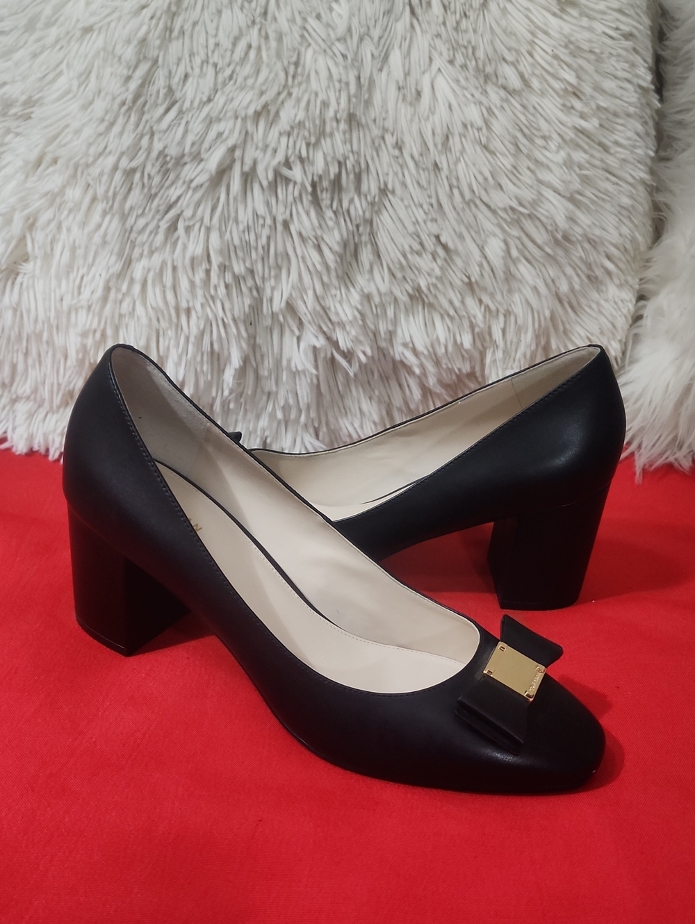 Cole Haan Tali Black Block Heel Pumps with Bow and Gold Accent